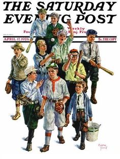 an advertisement for the saturday evening post featuring boys in baseball uniforms and holding their bats