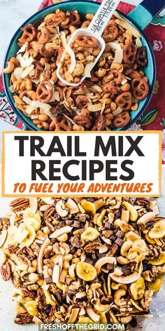 trail mix recipe in a bowl with the title above it