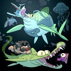 an image of cartoon animals swimming in the water with fish and other marine creatures around them