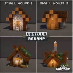 four different images of small houses made out of wood and stone, with the words vanilla re