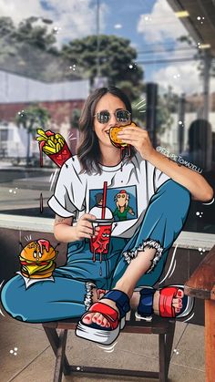 a woman sitting on top of a wooden bench next to a window drinking orange juice