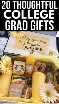 an open suitcase filled with lots of items and the words 20 thoughtful college grad gifts