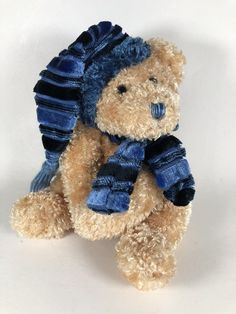 a brown teddy bear wearing a blue hat and scarf