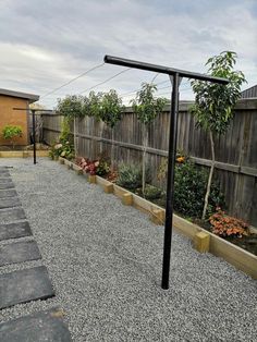 an empty backyard with gravel and plants in the back yard, next to a wooden fence