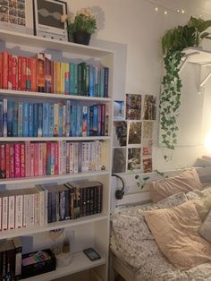 a room with bookshelves full of books and plants on the wall next to it