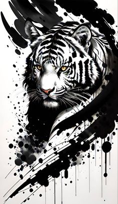 a white tiger with black spots and paint splatters on it's face