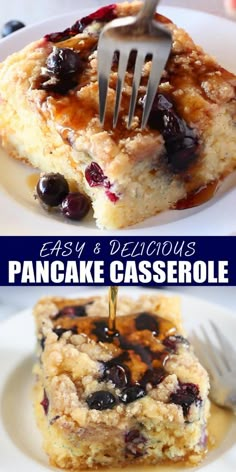 this is an image of easy and delicious pancake casserole with blueberries