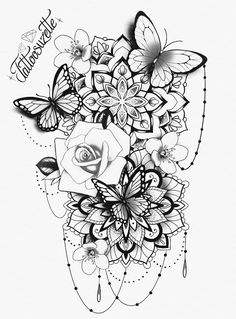 a black and white drawing of flowers with butterflies flying around the flower arrangement on the left side