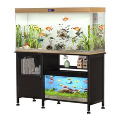 an aquarium with fish in it and plants on the bottom shelf, along with other items