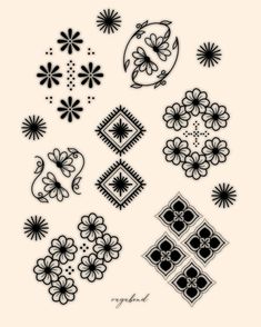 an assortment of black and white designs on a beige background with the words,'flower power