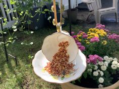 a potted plant with flowers in it and a bird feeder hanging from the top