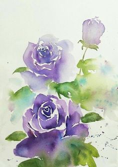 watercolor painting of purple roses on white paper