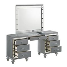 a vanity with drawers and a mirror on it's side, in front of a white background