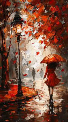 a painting of a person walking in the rain with an umbrella and red leaves on it