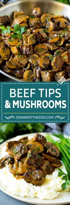 beef tips and mushrooms on top of mashed potatoes