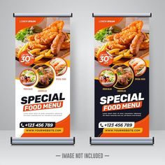 two roll up banners with food items on them