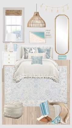 a bedroom with blue and white decor on the walls