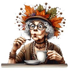 an old woman is drinking coffee with autumn leaves on her head and holding a spoon