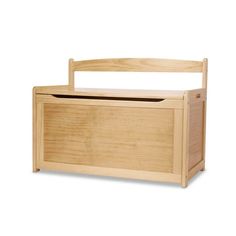 a wooden toy chest sitting on top of a white floor