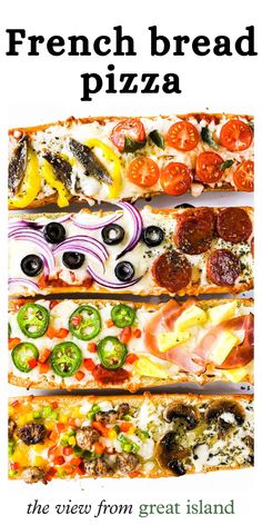 the cover of french bread pizza with different types of toppings on it, including peppers, onions, olives and pepperoni