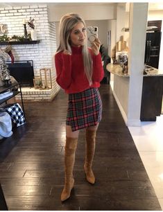 Winter Style❄️ #fashion #christmasoutfit Brown Thigh High Boots, Skirt And Thigh Highs, Daily Dress Me, Winter Mode Outfits, Checked Skirt, Perfect Fall Outfit, Winter Skirt Outfit