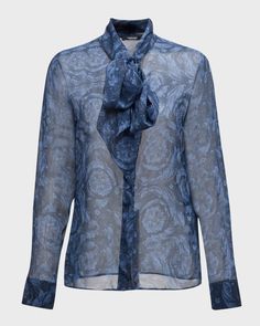 Versace Baroque-Print Neck-Tie Silk Georgette Informal Shirt | Neiman Marcus Versace Baroque, Baroque Print, Donatella Versace, Gianni Versace, Top Designers, Round Neckline, Neck Tie, Neiman Marcus, Versace