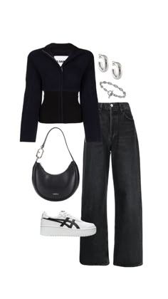 A comfortable but put together outfit. Black jeans, navy blue jacket, black leather bag and white sneakers. Silver accessories. Silver Black Outfit, Black Wool Jacket Outfit, Outfit Png Aesthetic, Outfit Ideas Png, Silver Png, Png Outfits, Change Your Style, Outfit Collages