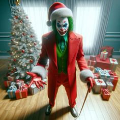 a man dressed as the joker standing in front of a christmas tree