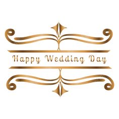 the happy wedding day logo is shown in gold and white with an ornate scroll on it