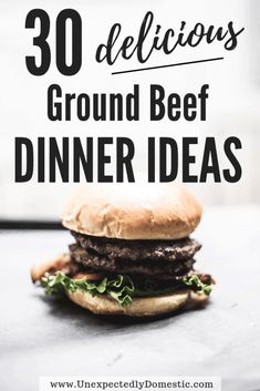 a hamburger with the words 30 delicious ground beef dinner ideas on it's side