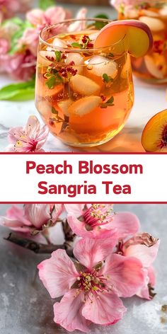 peach blossom sangria tea in a glass with pink flowers