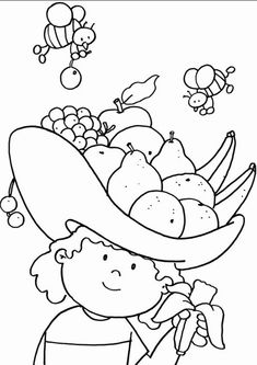 a black and white drawing of a girl holding a basket of fruit with bees flying above her