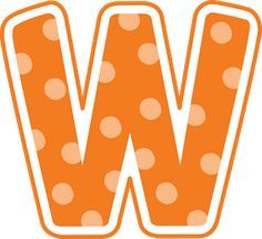 the letter w is made up of polka dotty orange and white dots on black