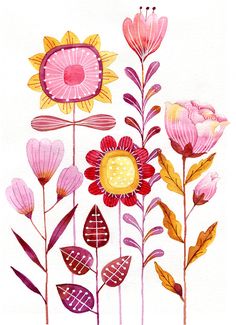 watercolor painting of pink flowers with yellow centers and green leaves on the stems, against a white background