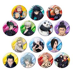 the seven avatars of anime characters are depicted in this button set, which includes an image of two men and one woman