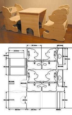 two wooden chairs sitting next to each other in front of a drawing and blueprint