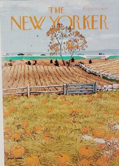 the new yorker magazine cover with pumpkins in front of a fence and field