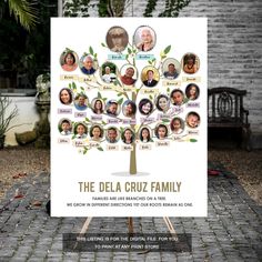 a family tree is displayed on an easel in front of a brick wall with the words, the dela cruz family