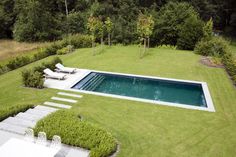 an aerial view of a swimming pool surrounded by greenery and lawn furniture, with trees in the background