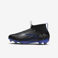 a black and blue soccer shoe on a white background