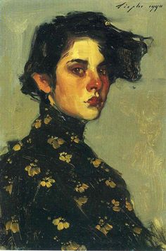 an oil painting of a woman with black hair and flowers on her collar, wearing a black jacket