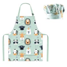 an apron that has animals on it and is next to the oven mitt cover