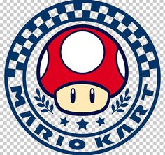 mario kart logo with the words mario kart on it, and an image of mushroom