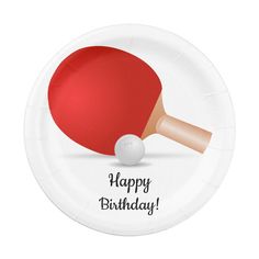 a paper plate with a ping pong paddle and ball on it that says happy birthday