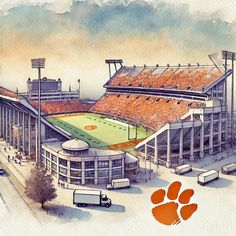 an artist's rendering of the clemson stadium in orange and white with a paw print on it