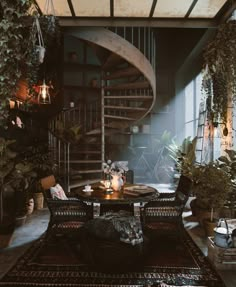 a living room filled with lots of plants next to a spiral stair case in front of a window