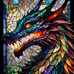 a stained glass window with a colorful dragon on it's face and an animal in the foreground