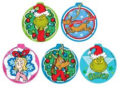 four christmas ornaments with the grino characters on them, all decorated in different colors