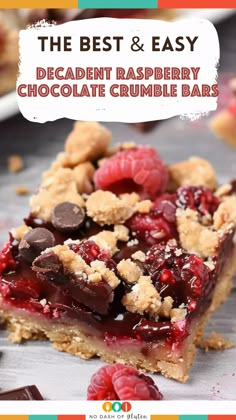 the best and easy decadent raspberry chocolate crumble bars with text overlay