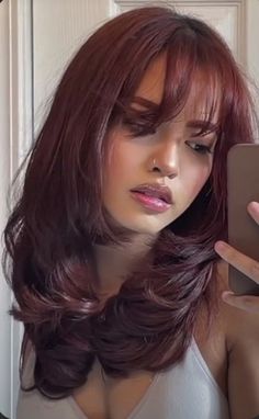 Cherry Cola Hair Color Aesthetic, Black Cherry Hair With Money Piece, Wine Red Money Piece Hair, Colour On Short Hair, Black Red Balayage, Mahogany Red Hair Color, Dark Red Hair On Brown Skin, Cola Red Hair, Red Hair Inspo Color